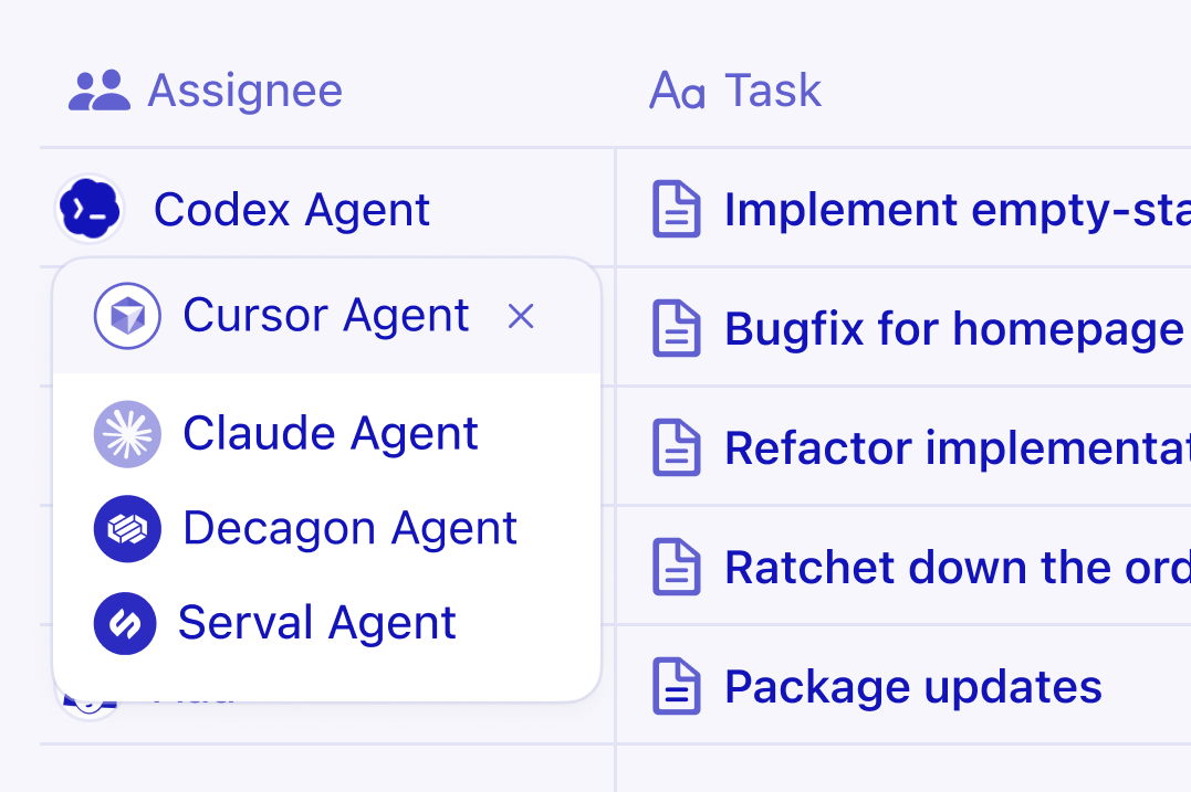 Notion-Datenbank mit einer Liste von Aufgaben, wobei eine Aufgabe einem externen Programmieragenten zugewiesen wird.