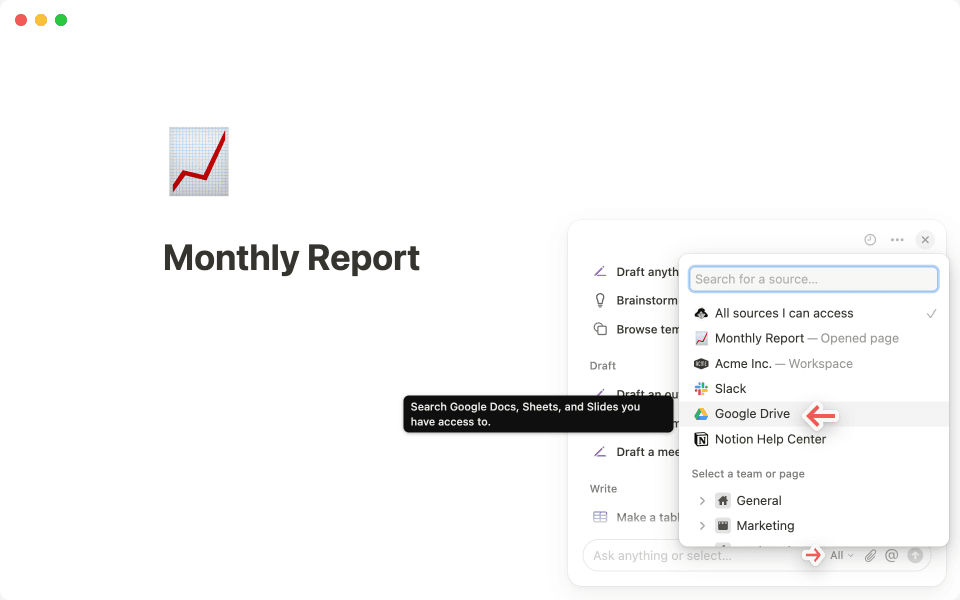 Selecione o Google Drive no seletor de fontes da IA do Notion para restringir seu escopo de pesquisa.