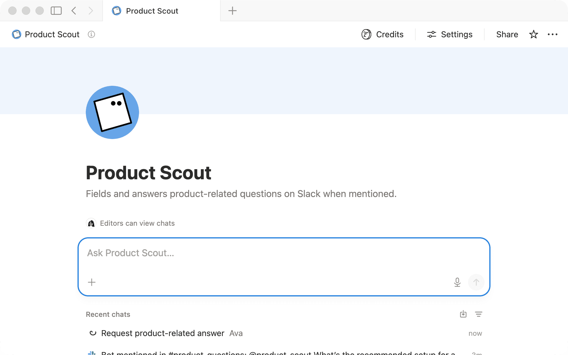 Product Scout beantwortet die Produktfrage eines Teammitglieds in einem Slack-Kanal.