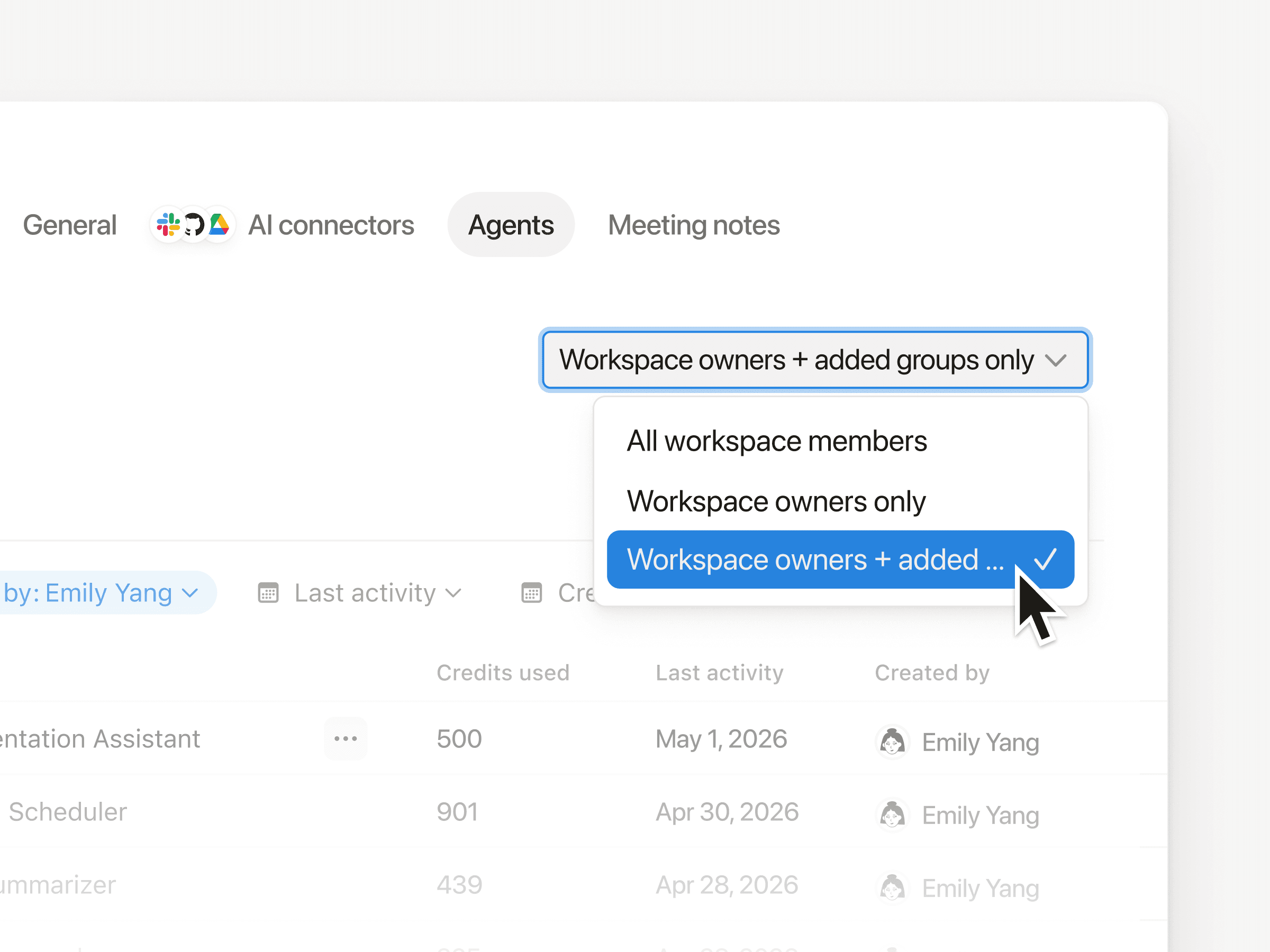 Lege in deinen Workspace-Einstellungen im Tab „Notion-KI“ unter „Agents“ fest, wer Agents erstellen darf.