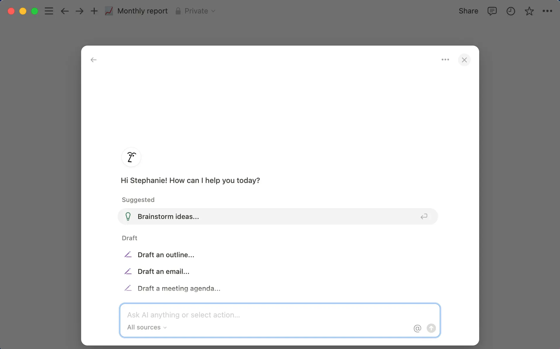 Abra a IA do Notion instantaneamente com o atalho do teclado: Shift+Cmd+J (Mac) ou Shift+Ctrl+J (Windows)