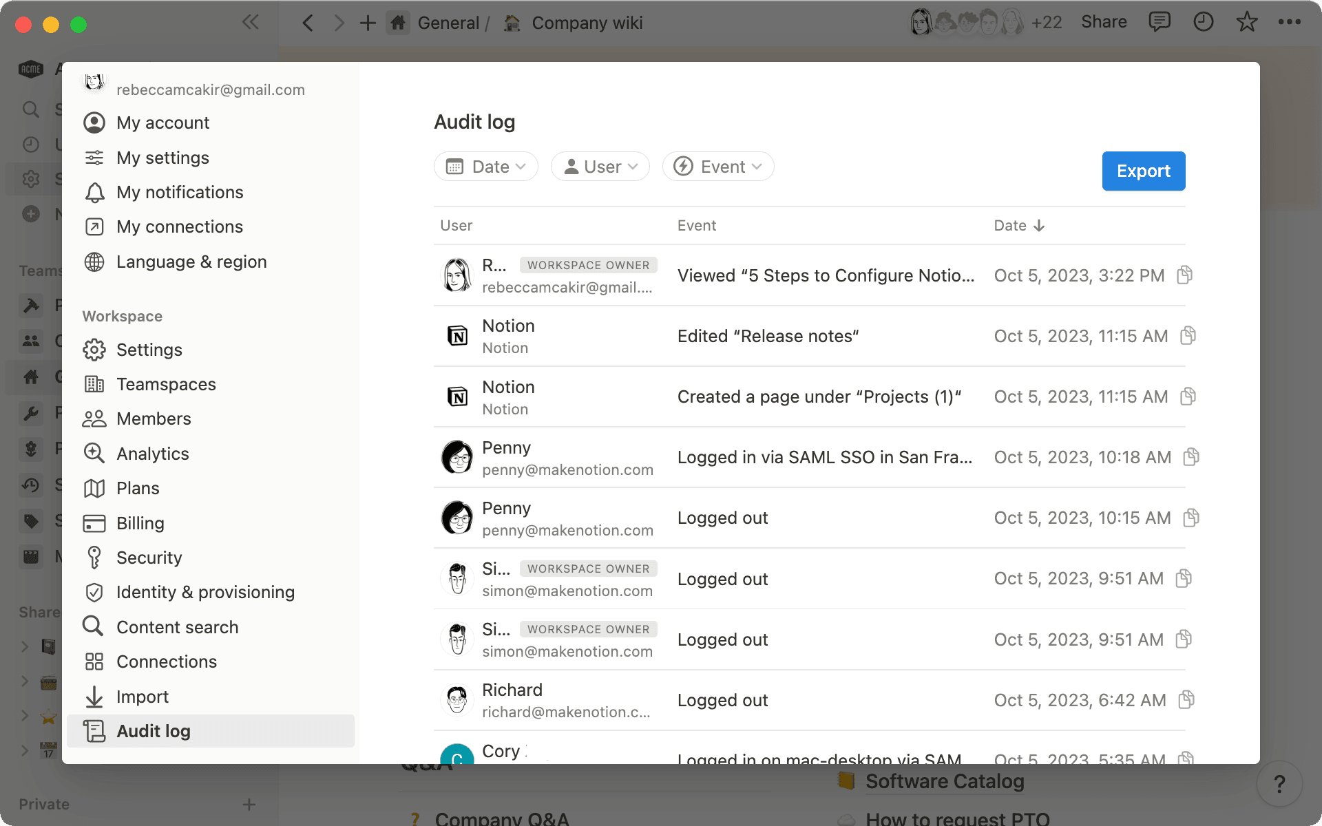 O registro de auditoria permite que os proprietários de espaços de trabalho vejam todos os eventos que ocorrem em seu espaço de trabalho.