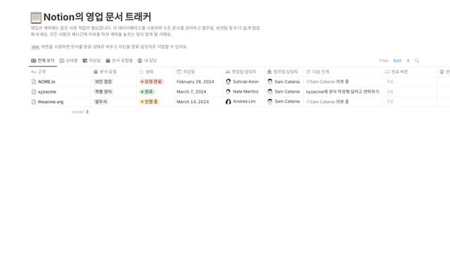 Notion의 영업 문서 트래커